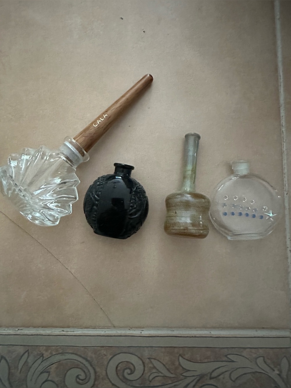 Set of Four Decorative Mini Glass Bottles - Clear, Black, Olive
